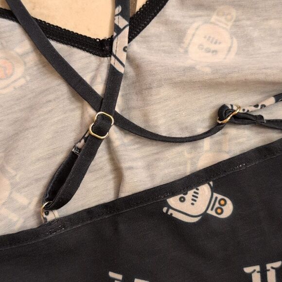 NWT ModCloth Robot Print Nightgown Dark Navy blue w black lace trim size S - Picture 2 of 10